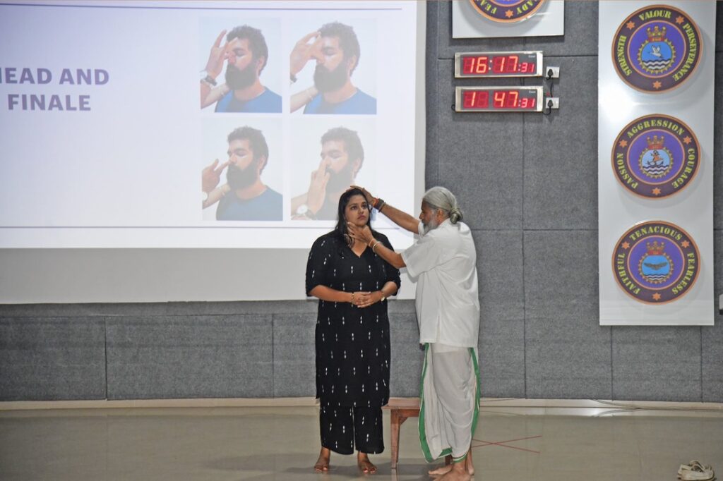 Dr Mahesh Krishnamurthy demonstrating and teaching Marma Chikitsa to Navy Pilots at INS DEGA at Vishakapatnam